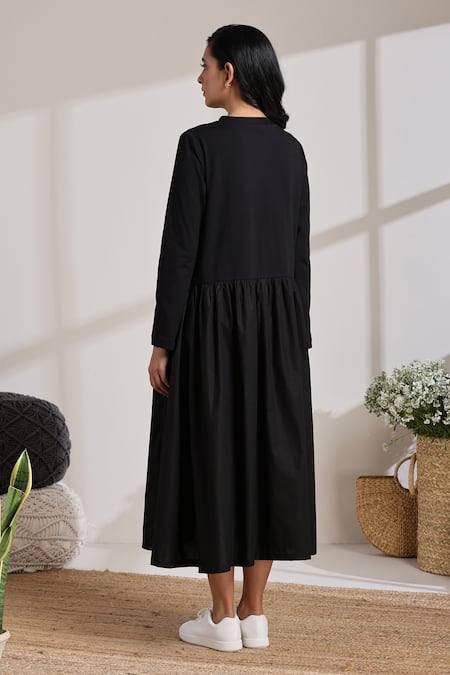 Shop_Vasstram_Black Cotton Round Neck Solid Panelled Dress _at_Aza_Fashions