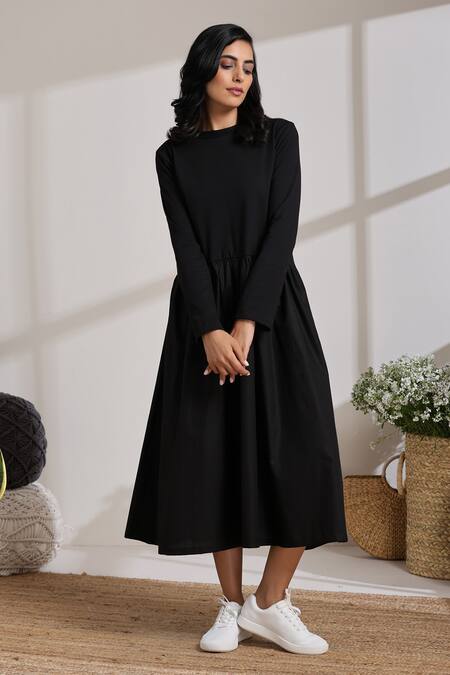 Vasstram_Black Cotton Round Neck Solid Panelled Dress _Online_at_Aza_Fashions