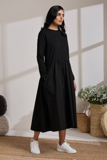 Buy_Vasstram_Black Cotton Round Neck Solid Panelled Dress _Online_at_Aza_Fashions