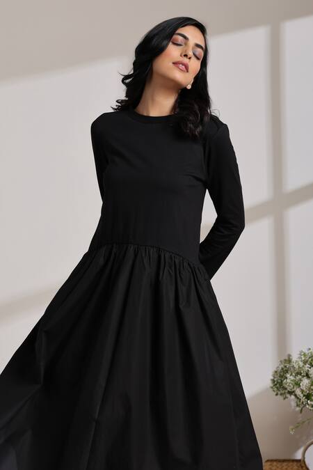 Shop_Vasstram_Black Cotton Round Neck Solid Panelled Dress _Online_at_Aza_Fashions