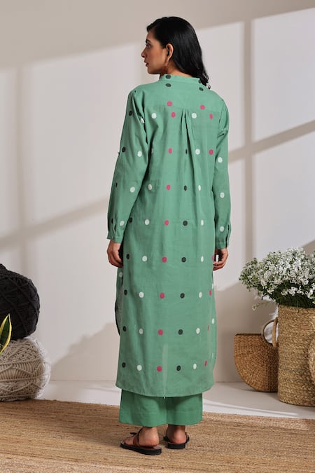 Shop_Vasstram_Green Cotton Mandarin Collar Polka Dot High-low Kurta With Pant _at_Aza_Fashions