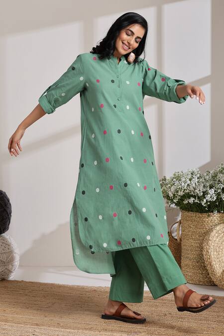 Vasstram_Green Cotton Mandarin Collar Polka Dot High-low Kurta With Pant _Online_at_Aza_Fashions