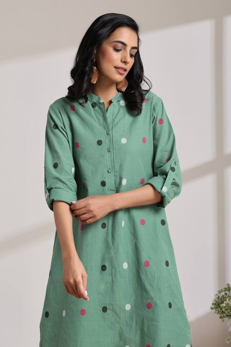 Buy_Vasstram_Green Cotton Mandarin Collar Polka Dot High-low Kurta With Pant _Online_at_Aza_Fashions