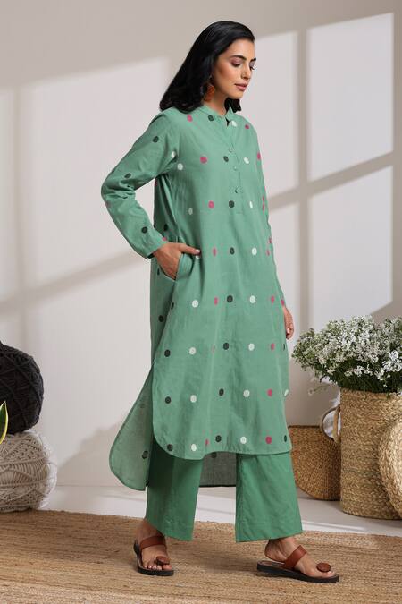 Shop Vasstram Green Cotton Mandarin Collar Polka Dot High-low Kurta With Pant Online at Aza Fashions Shop_Vasstram_Green Cotton Mandarin Collar Polka Dot High-low Kurta With Pant _Online_at_Aza_Fashions