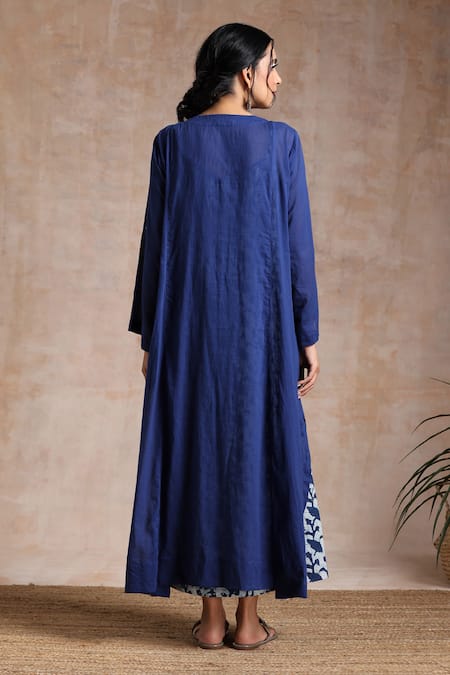 Shop_Vasstram_Blue Cotton V-neck Ambar Solid Gathered Dress _at_Aza_Fashions