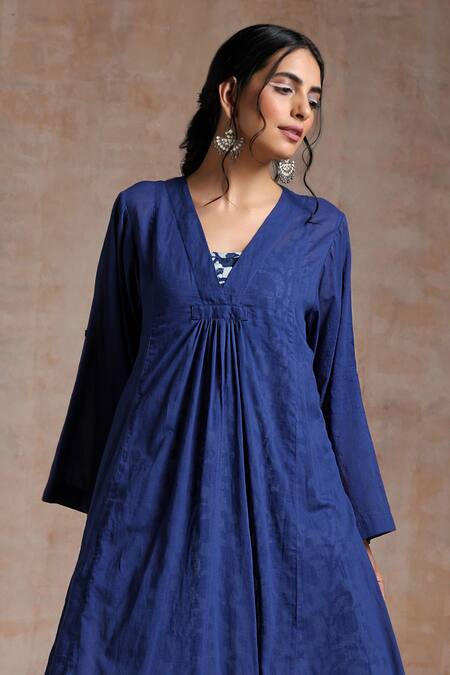 Shop_Vasstram_Blue Cotton V-neck Ambar Solid Gathered Dress _Online_at_Aza_Fashions