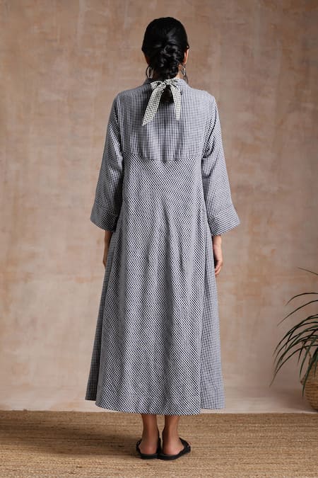 Shop_Vasstram_Blue Cotton Mandarin Collar Gingham Checkered Dress _at_Aza_Fashions