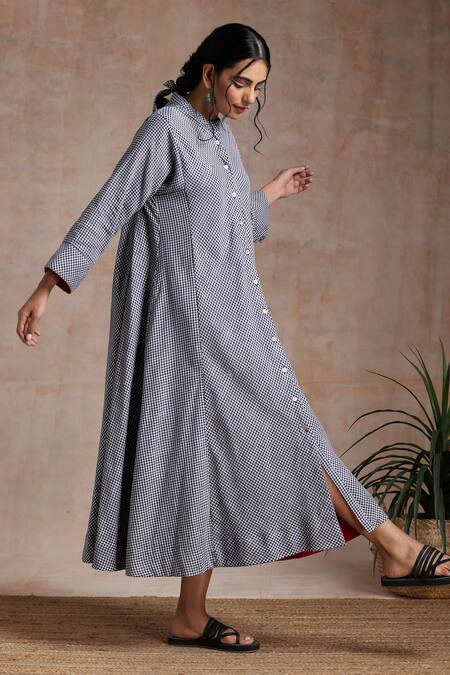 Vasstram_Blue Cotton Mandarin Collar Gingham Checkered Dress _Online_at_Aza_Fashions