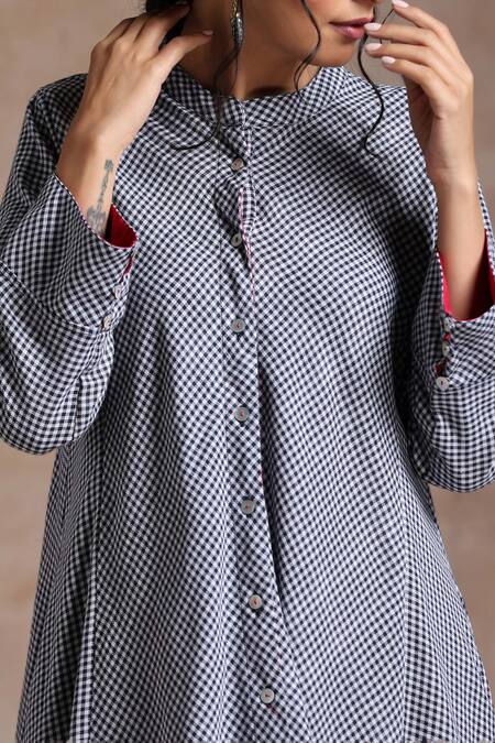 Buy_Vasstram_Blue Cotton Mandarin Collar Gingham Checkered Dress _Online_at_Aza_Fashions