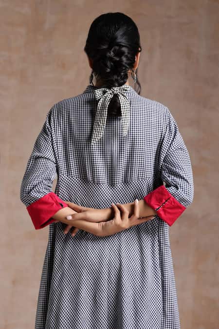 Shop_Vasstram_Blue Cotton Mandarin Collar Gingham Checkered Dress _Online_at_Aza_Fashions