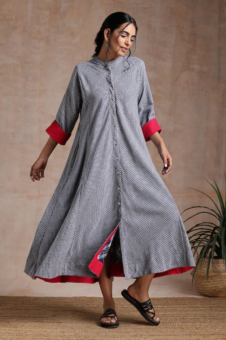 Vasstram_Blue Cotton Mandarin Collar Gingham Checkered Dress _at_Aza_Fashions