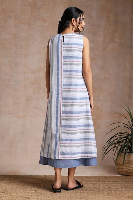 Shop_Vasstram_Multi Color Cotton Round Neck Stripe Woven Layered Dress _at_Aza_Fashions