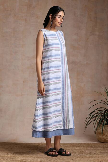 Vasstram_Multi Color Cotton Round Neck Stripe Woven Layered Dress _Online_at_Aza_Fashions