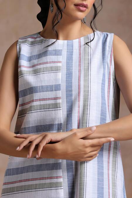 Buy_Vasstram_Multi Color Cotton Round Neck Stripe Woven Layered Dress _Online_at_Aza_Fashions