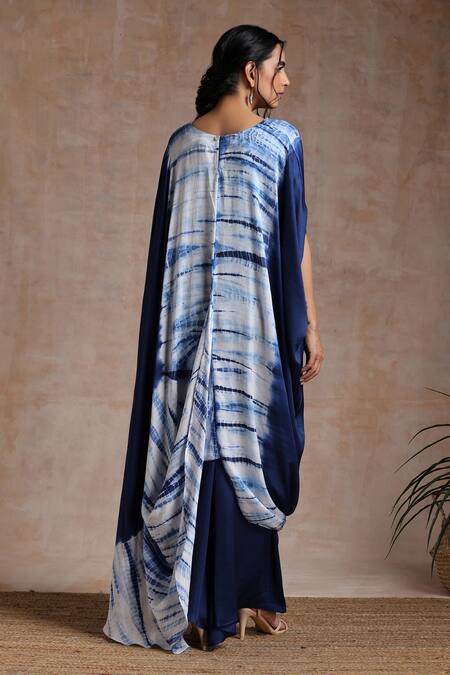 Shop_Vasstram_Blue Satin Round Neck Shibori Draped Tunic With Flared Pant _at_Aza_Fashions