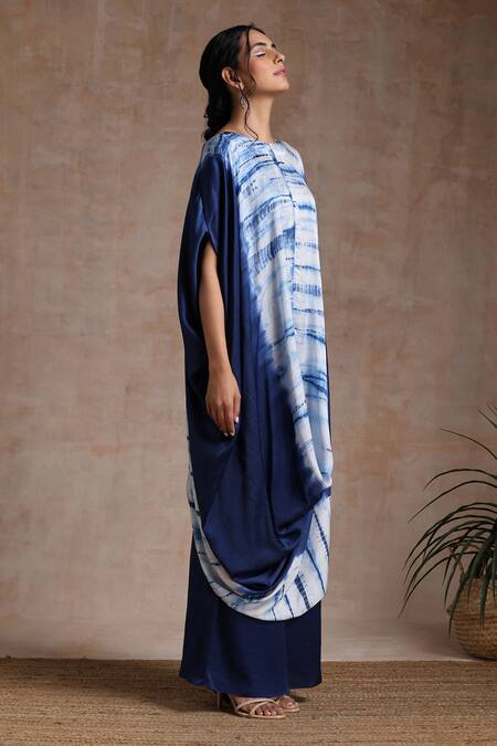 Vasstram_Blue Satin Round Neck Shibori Draped Tunic With Flared Pant _Online_at_Aza_Fashions
