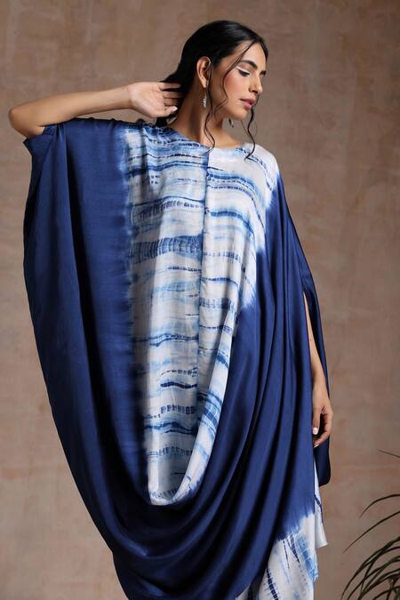 Buy_Vasstram_Blue Satin Round Neck Shibori Draped Tunic With Flared Pant _Online_at_Aza_Fashions