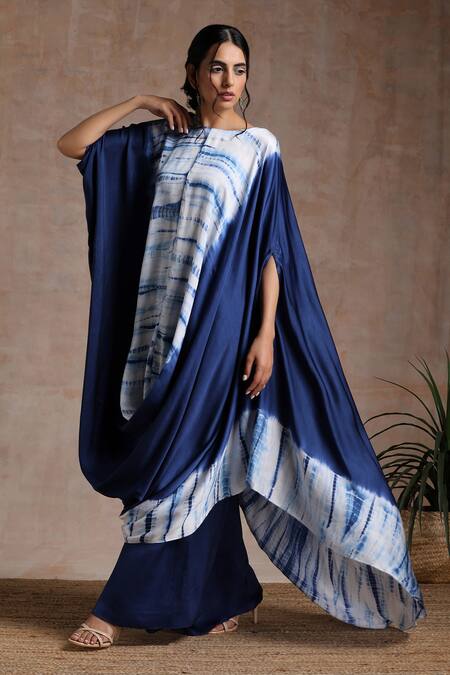 Vasstram_Blue Satin Round Neck Shibori Draped Tunic With Flared Pant _at_Aza_Fashions