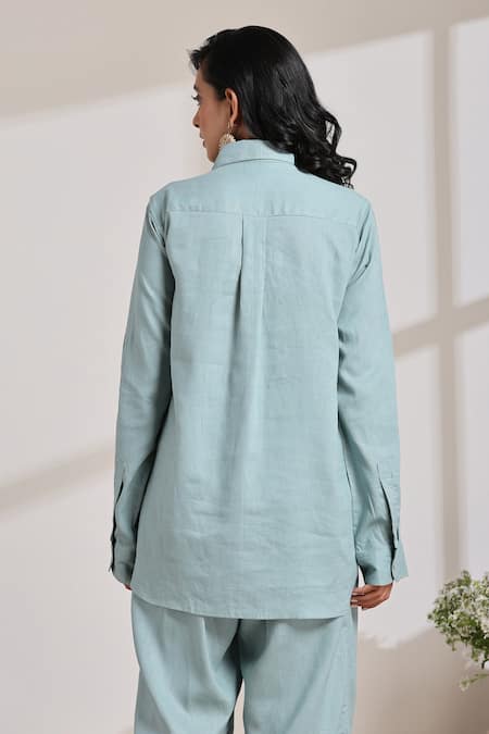 Shop_Vasstram_Green Viscose, Linen Shawl Neck Fida Solid Shirt With Pant _at_Aza_Fashions