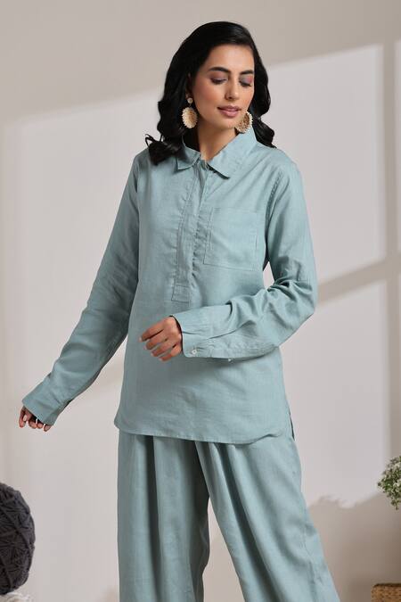 Vasstram_Green Viscose, Linen Shawl Neck Fida Solid Shirt With Pant _Online_at_Aza_Fashions