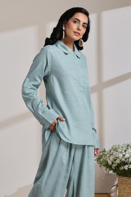 Buy_Vasstram_Green Viscose, Linen Shawl Neck Fida Solid Shirt With Pant _Online_at_Aza_Fashions