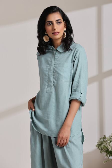 Shop_Vasstram_Green Viscose, Linen Shawl Neck Fida Solid Shirt With Pant _Online_at_Aza_Fashions
