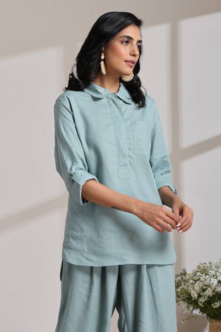 Vasstram_Green Viscose, Linen Shawl Neck Fida Solid Shirt With Pant _at_Aza_Fashions