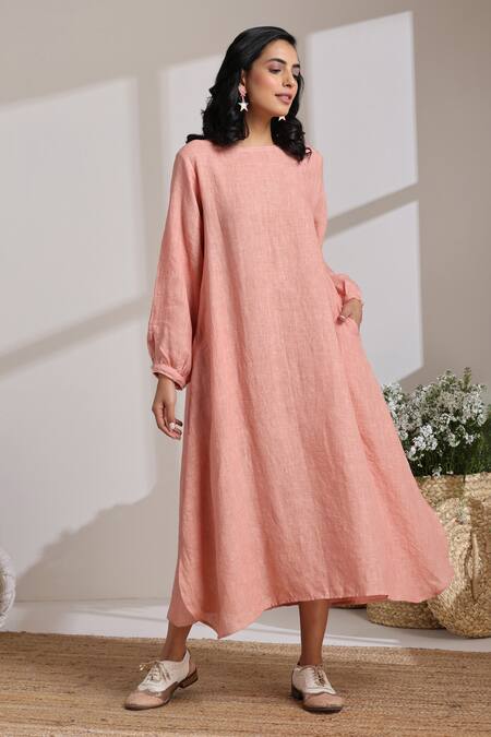 Vasstram Peach Linen Solid Round Lily Dress  3