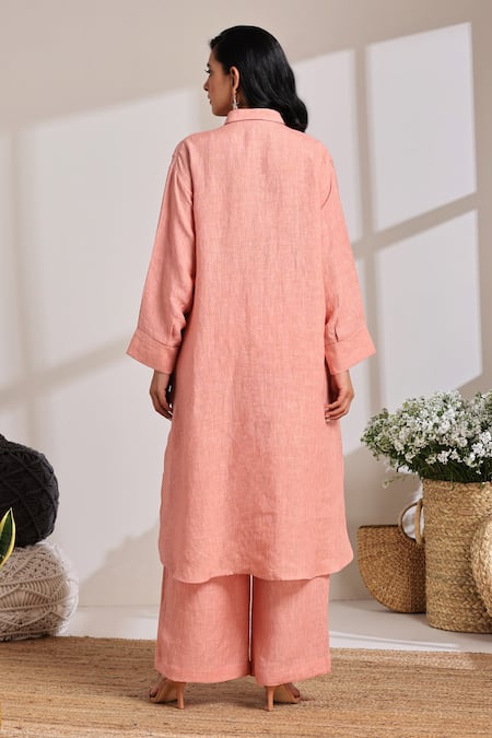 Shop_Vasstram_Peach Linen Collared Suhana Solid Tunic With Pant _at_Aza_Fashions