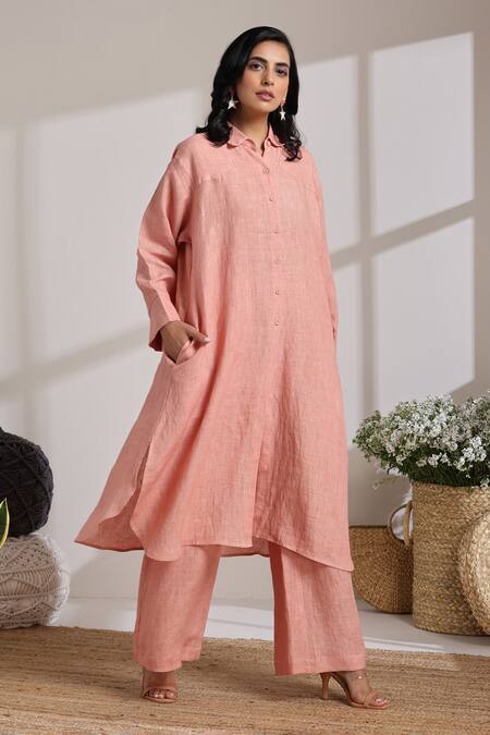 Vasstram_Peach Linen Collared Suhana Solid Tunic With Pant _Online_at_Aza_Fashions