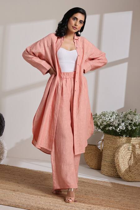 Buy_Vasstram_Peach Linen Collared Suhana Solid Tunic With Pant _Online_at_Aza_Fashions