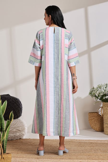 Shop Vasstram Multi Color Linen Round Neck Champa Woven Stripe Dress at Aza Fashions Shop_Vasstram_Multi Color Linen Round Neck Champa Woven Stripe Dress _at_Aza_Fashions