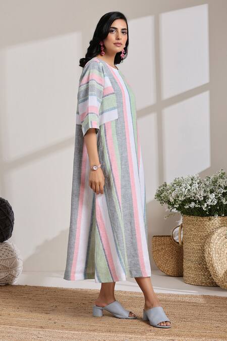 Vasstram Multi Color Linen Round Neck Champa Woven Stripe Dress Online at Aza Fashions Vasstram_Multi Color Linen Round Neck Champa Woven Stripe Dress _Online_at_Aza_Fashions