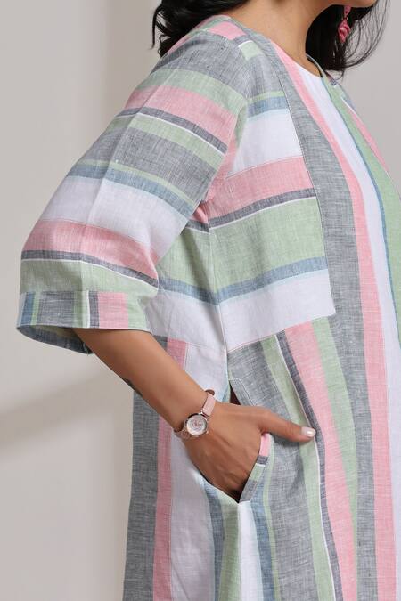 Buy Vasstram Multi Color Linen Round Neck Champa Woven Stripe Dress Online at Aza Fashions Buy_Vasstram_Multi Color Linen Round Neck Champa Woven Stripe Dress _Online_at_Aza_Fashions