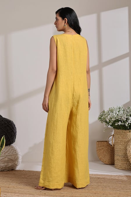 Shop Vasstram Yellow Linen V-neck Samara Solid Jumpsuit at Aza Fashions Shop_Vasstram_Yellow Linen V-neck Samara Solid Jumpsuit _at_Aza_Fashions