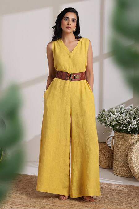 Shop Vasstram Yellow Linen V-neck Samara Solid Jumpsuit Online at Aza Fashions Shop_Vasstram_Yellow Linen V-neck Samara Solid Jumpsuit _Online_at_Aza_Fashions