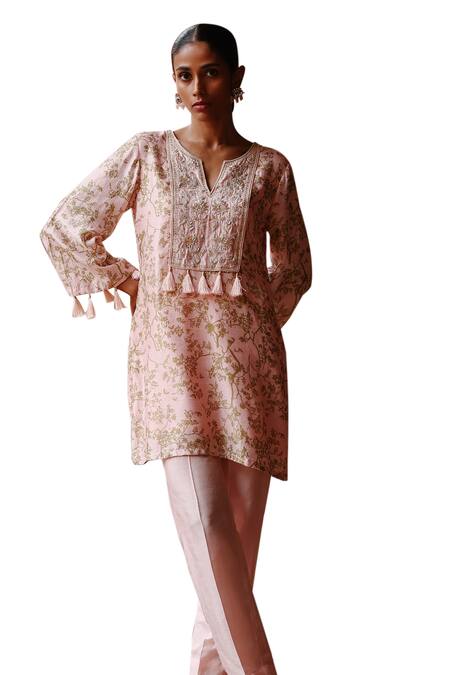 Shop Megha Pitti Pink Silk Embroidery Split V-neck Ambrosia Print Yoke Kurta With Pant Shop_Megha Pitti_Pink Silk Embroidery Split V-neck Ambrosia Print Yoke Kurta With Pant