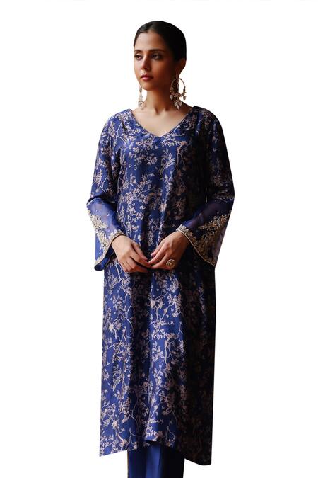 Megha Pitti Blue Silk Sequins, Zari Gardenia Bloom Print Embroidered Sleeves Kurta With Pant at Aza Fashions Megha Pitti_Blue Silk Sequins, Zari Gardenia Bloom Print Embroidered Sleeves Kurta With Pant _at_Aza_Fashions