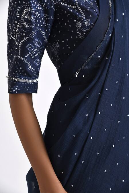 Buy_Payal Pratap_Blue Linen Satin Printed Bandhani V-neck Milos Blouse _Online_at_Aza_Fashions