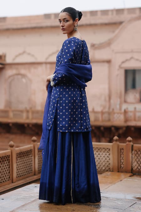 Shop Megha Pitti Blue Silk, Denim Embroidery, Sequins, Lace Floral Print Short Kurta Sharara Set at Aza Fashions Shop_Megha Pitti_Blue Silk, Denim Embroidery, Sequins, Lace Floral Print Short Kurta Sharara Set _at_Aza_Fashions