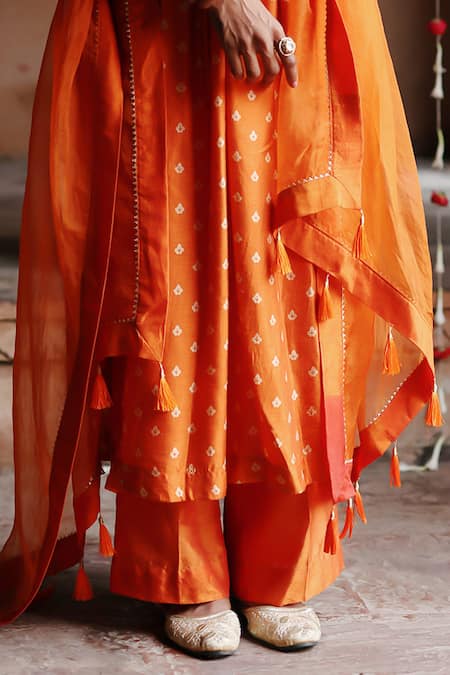 Shop Megha Pitti Orange Silk, Organza Embroidery, Sequins Clover Bloom Print Yoke Kurta Pant Set Online at Aza Fashions Shop_Megha Pitti_Orange Silk, Organza Embroidery, Sequins Clover Bloom Print Yoke Kurta Pant Set _Online_at_Aza_Fashions