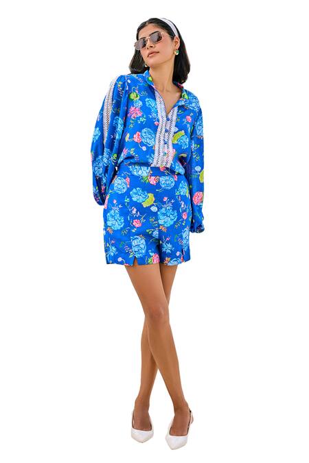 Shop House Of Zeniaa Blue Cotton, Muslin Lace Collared Iris Bloom Print Top Online at Aza Fashions Shop_House Of Zeniaa_Blue Cotton, Muslin Lace Collared Iris Bloom Print Top_Online_at_Aza_Fashions