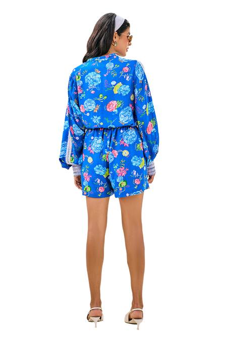 House Of Zeniaa Blue Cotton, Muslin Lace Collared Iris Bloom Print Top at Aza Fashions House Of Zeniaa_Blue Cotton, Muslin Lace Collared Iris Bloom Print Top_at_Aza_Fashions