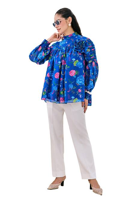 Buy_House Of Zeniaa_Blue Crepe, Georgette, Bloom Applique Embellished Floral Print Top With Pant