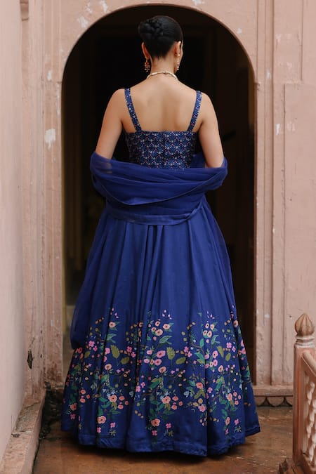 Shop_Megha Pitti_Blue Denim, Silk Embroidery Sweetheart Neck Floral Print Lehenga Corset Set _at_Aza_Fashions
