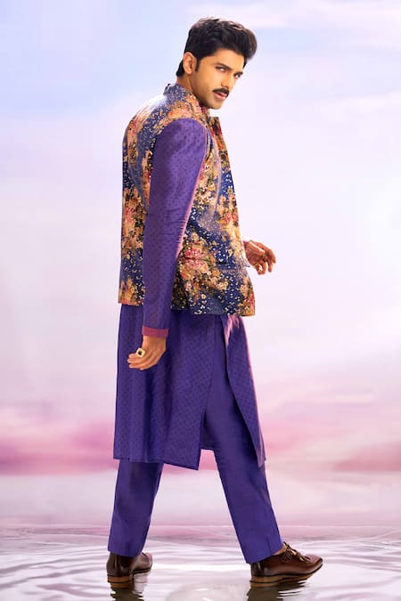 Shop_Torani_Purple Handwoven Chanderi, Pure Cotton Jamuni Qasiba Sitara Bundi And Kurta Set _at_Aza_Fashions