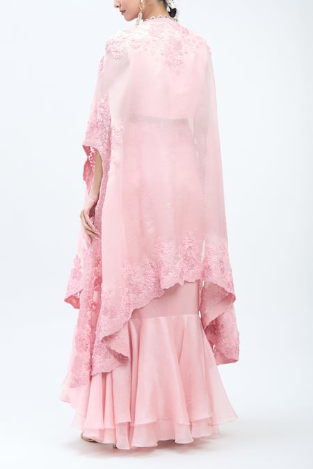 Minaxi Dadoo Flower Embroidered Cape Ruffled Skirt Set 