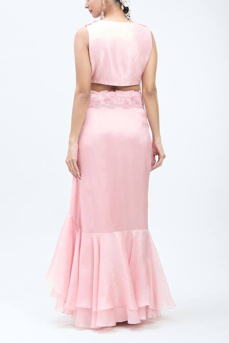 Minaxi Dadoo_Pink Silk Sequins, Embroidery Round Neck Flower Cape Ruffled Skirt Set _at_Aza_Fashions