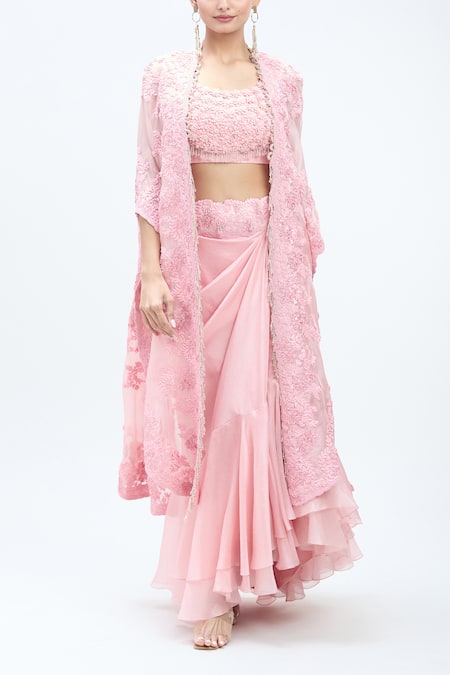 Shop_Minaxi Dadoo_Pink Silk Sequins, Embroidery Round Neck Flower Cape Ruffled Skirt Set _Online_at_Aza_Fashions