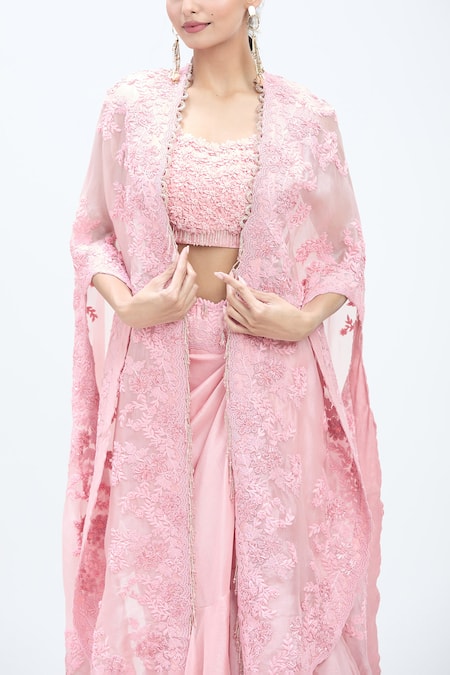 Buy_Minaxi Dadoo_Pink Silk Sequins, Embroidery Round Neck Flower Cape Ruffled Skirt Set 